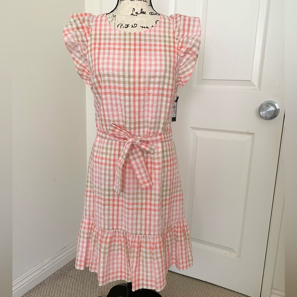 🆕 Tommy Hilfiger Pink White Plaid Gingham Tie Waist Dress